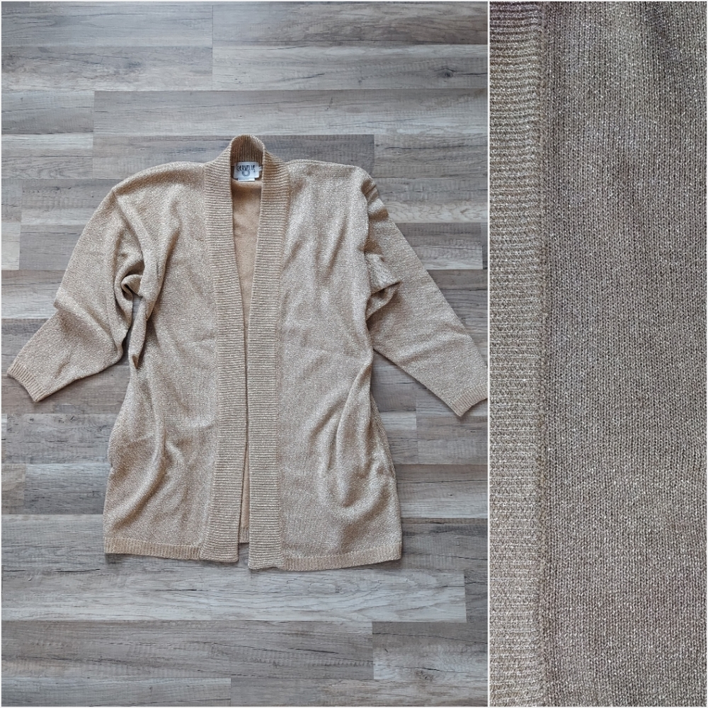 Vintage Gold Sparkly Open Front Cardigan Sweater Medium